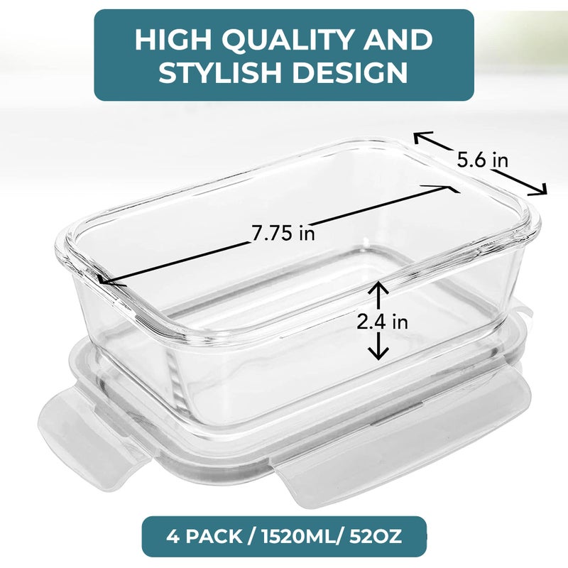 Razab 6.5 Cups / 52 Oz 4 Piece (2 Containers + 2 Lids) Glass Food Storage Containers Set with Airtight Locking Lids - For Storing, Baking & Serving BPA Free, Leakproof - Microwave, Freezer & Oven Safe - Image 2